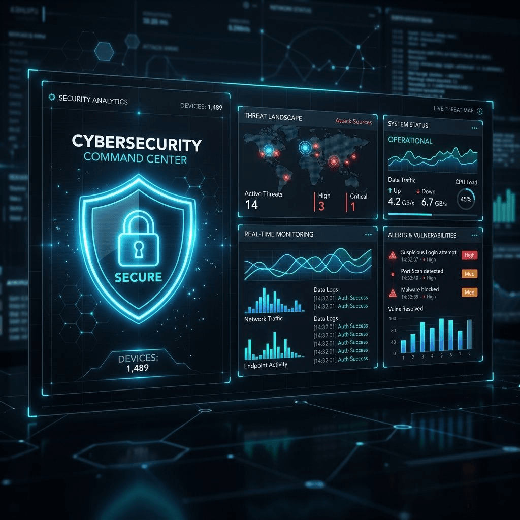 Minimalist dark themed cybersecurity dashboard showing lock icon
