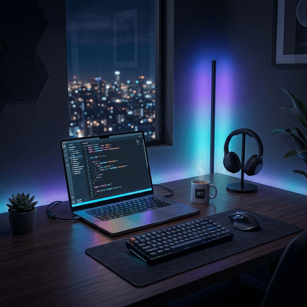 Modern developer workspace with glowing code editor on laptop